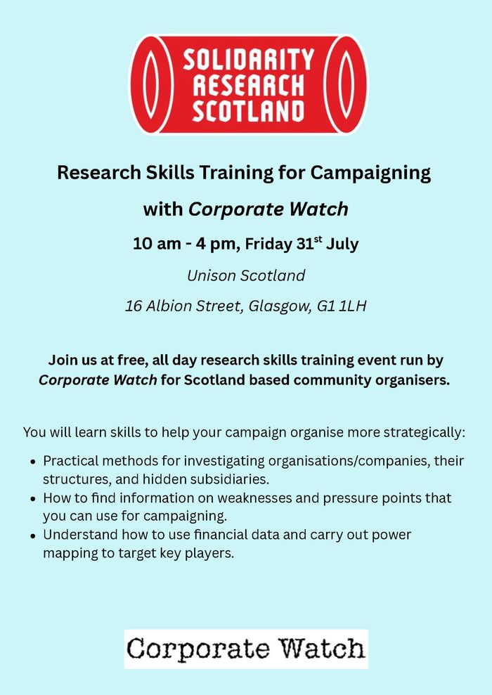 2026-07-31 Research Skills Training for Campaigning: With Corporate Watch and Solidarity Research Scotland