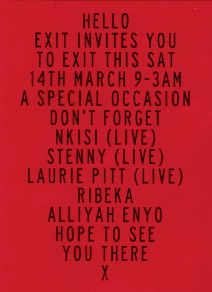 2026-03-14 DON'T FORGET TO EXIT ~ Nkisi (Live), Stenny (Live), Laurie Pitt (Live), Ribeka, Alliyah Enyo