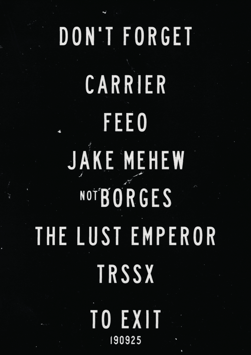 CARRIER, FEEO, JAKE MEHEW. NOT BORGES, THE LUST EMPEROR, TRSSX